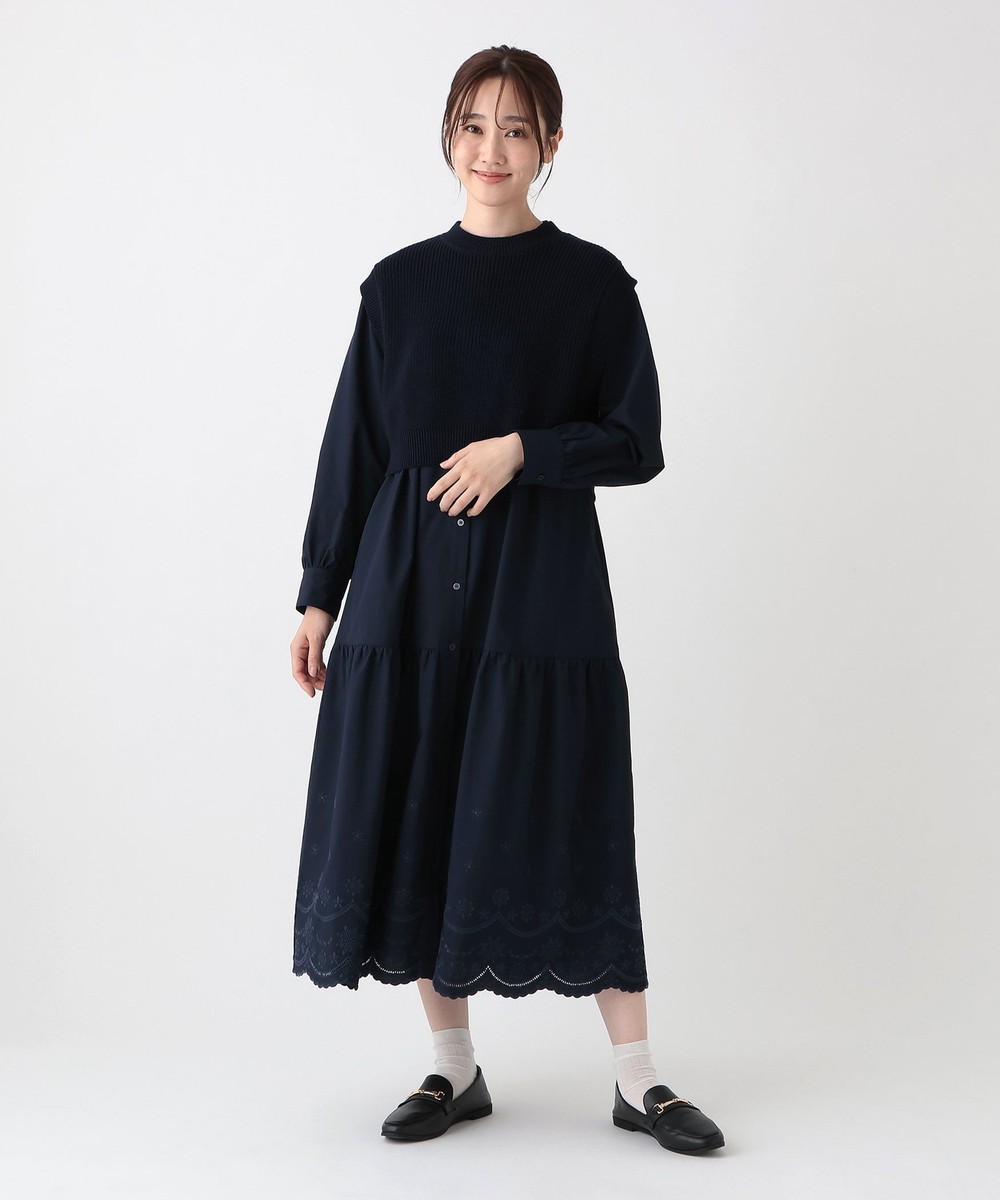 ワンピース ニットベスト&スカラップ刺繍ワンピースセット