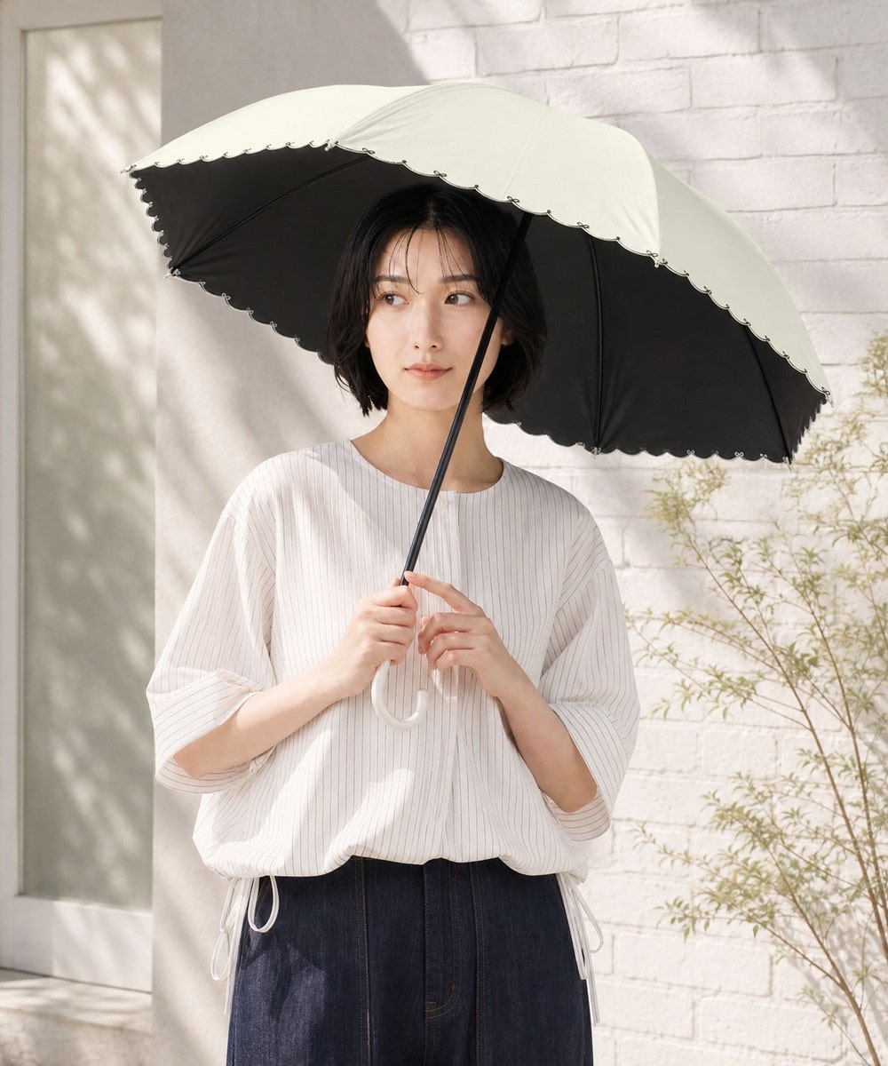 日傘（折りたたみ・長傘・晴雨兼用） UVカット率・遮光率100%生地使用 スカラップリボン刺繍晴雨兼用長傘 日傘