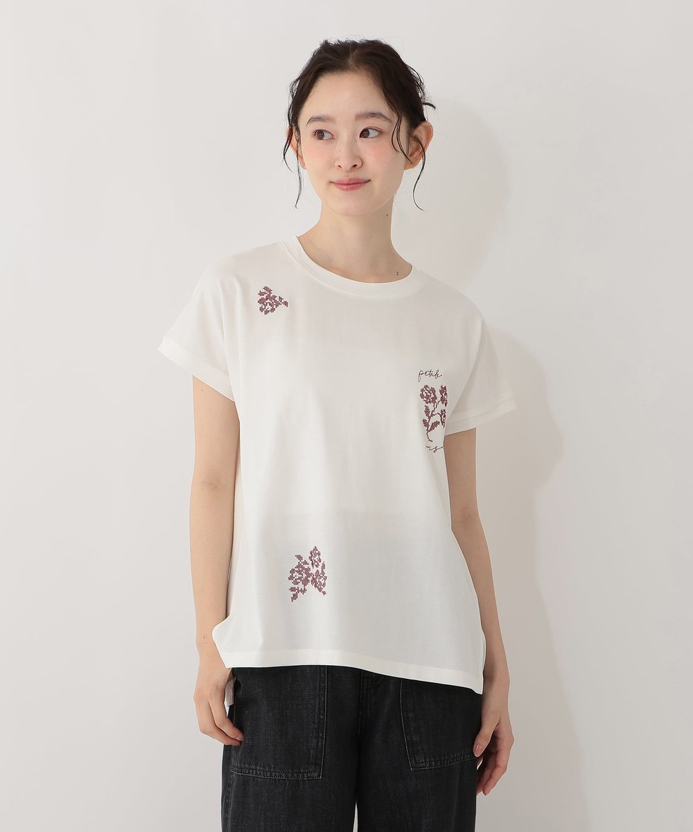 Tシャツ・カットソー フラワー刺繍フレンチスリーブTシャツ